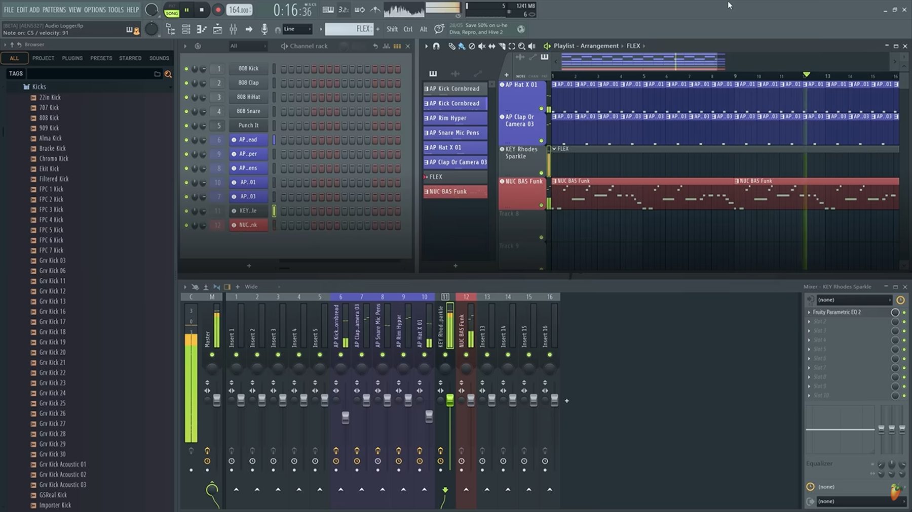 Widok projektu w FL Studio podczas komponowania